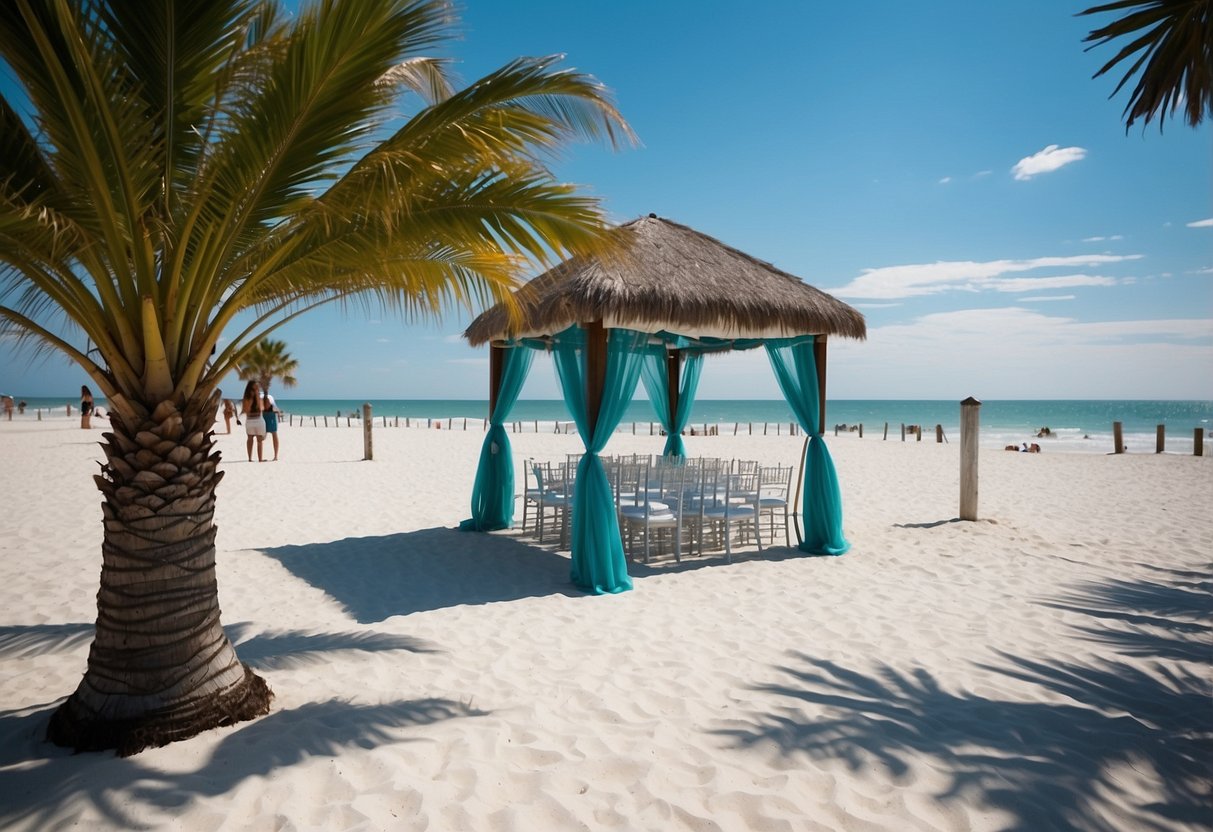 Clearwater Beach, Florida: white sand, turquoise water, palm trees, beachfront wedding setup, blue sky, gentle waves