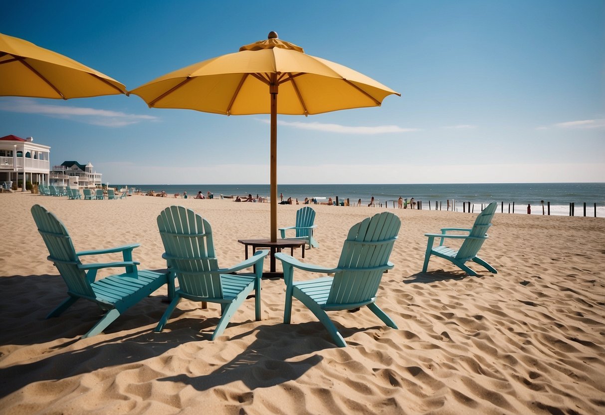 Ocean City, Maryland: a sunny beach with rows of chairs, a gazebo, and a beautiful ocean backdrop