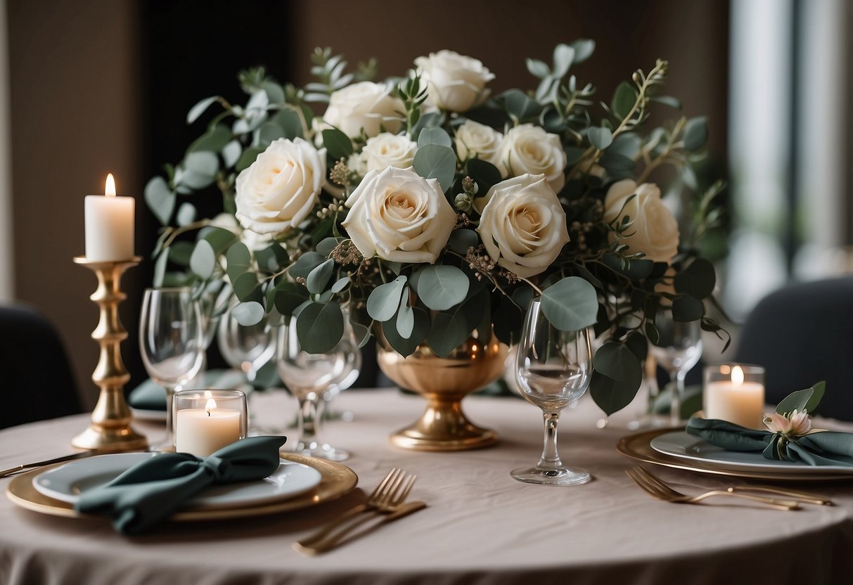 A table set with eucalyptus and white rose bouquets, creating a neutral and elegant wedding atmosphere