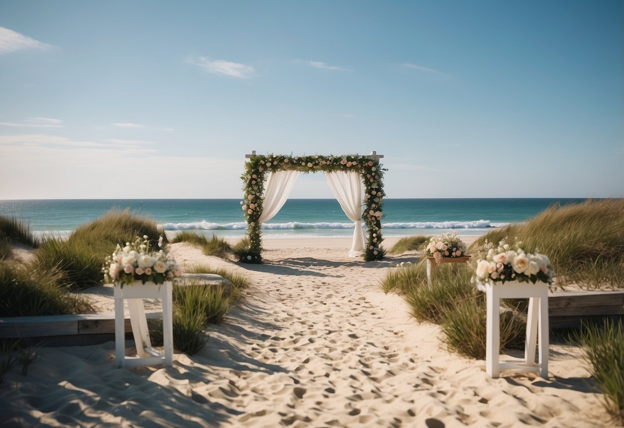 A serene Nantucket beach with a picturesque wedding setup