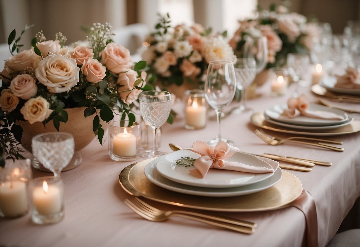 A table set with beige and blush decor for a neutral wedding theme