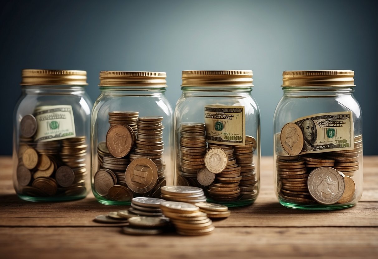 A table with three personalized money jars, each labeled for a specific purpose (e.g. travel, savings, charity). A hand placing cash into one jar