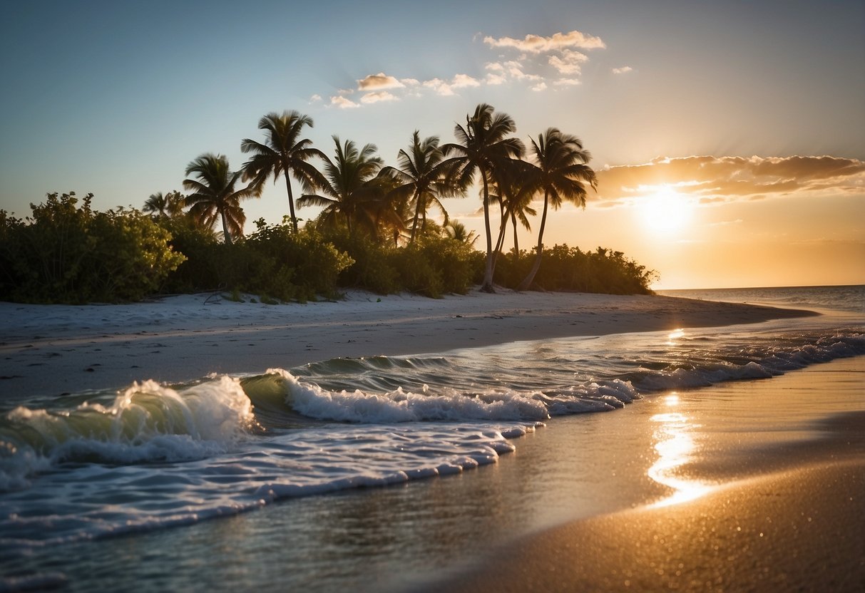 Sunset over Sanibel Island beach, with palm trees and gentle waves