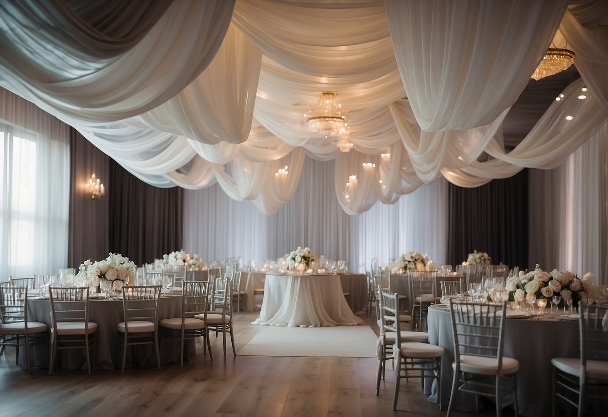 Soft gray and white draping cascading from the ceiling, creating an elegant and neutral ambiance for a wedding