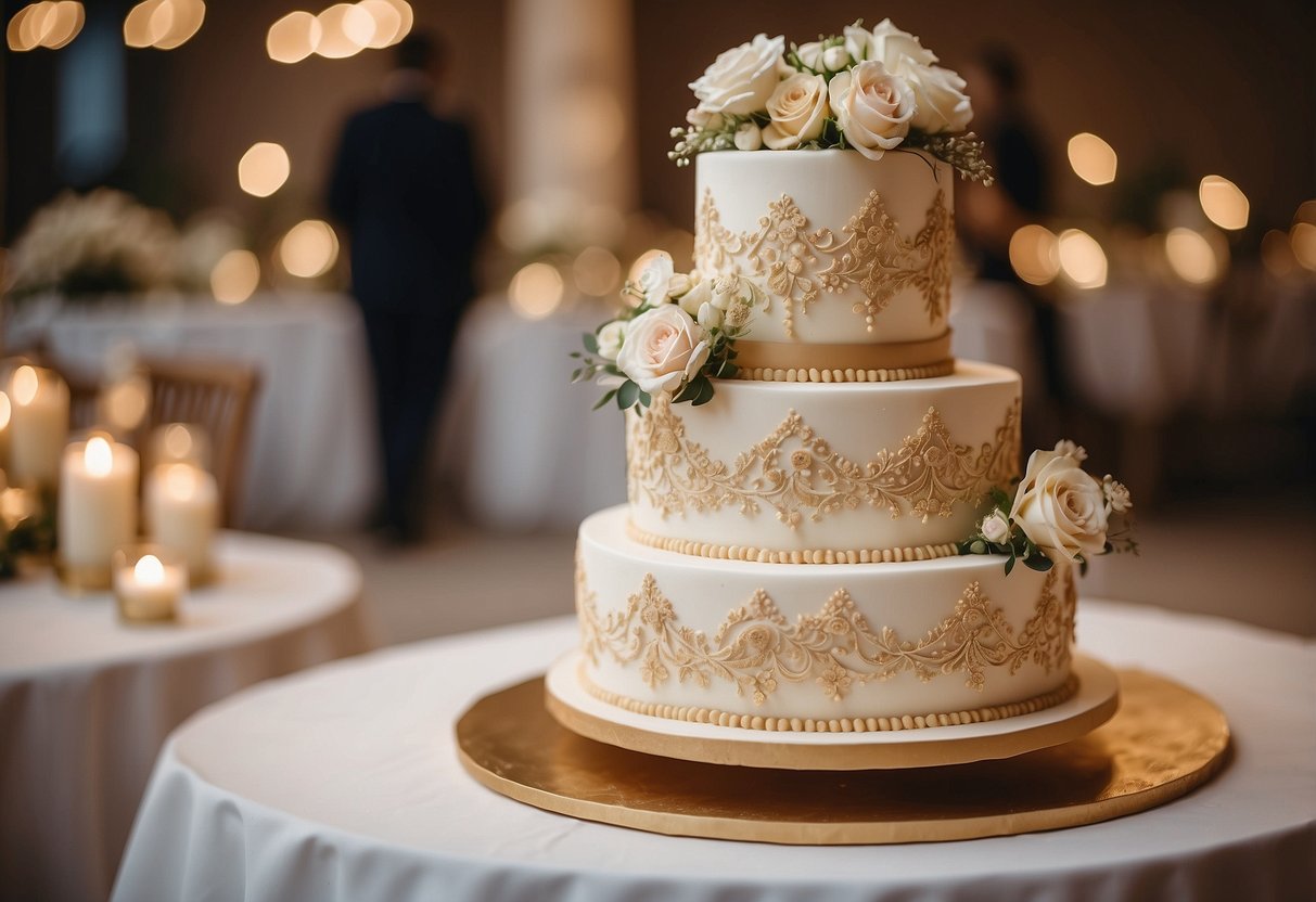 A three-tiered wedding cake in creamy white and tan hues, adorned with delicate floral decorations and elegant piping details