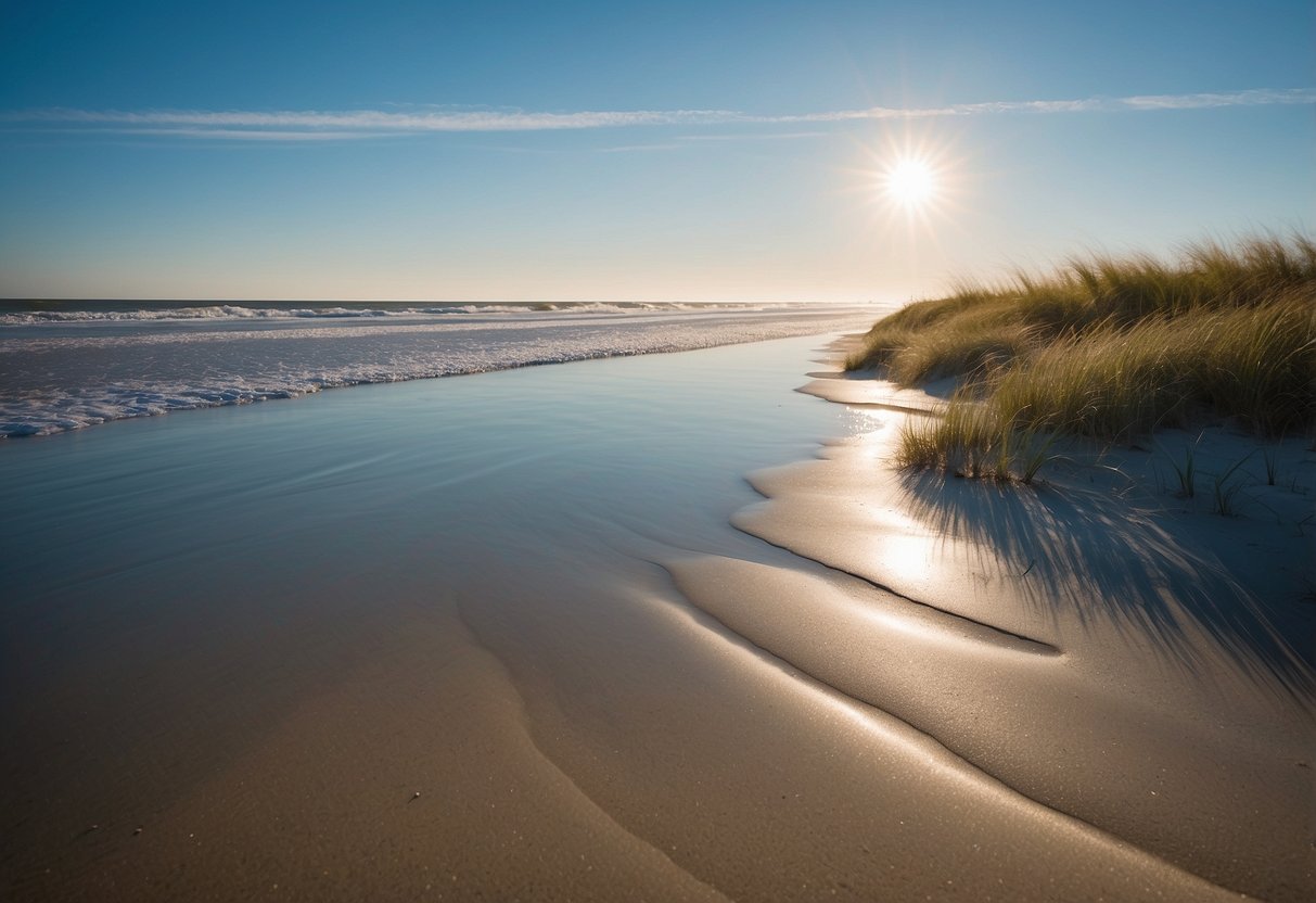 A serene beach scene on Kiawah Island, South Carolina, with a pristine shoreline, gentle waves, and a clear blue sky