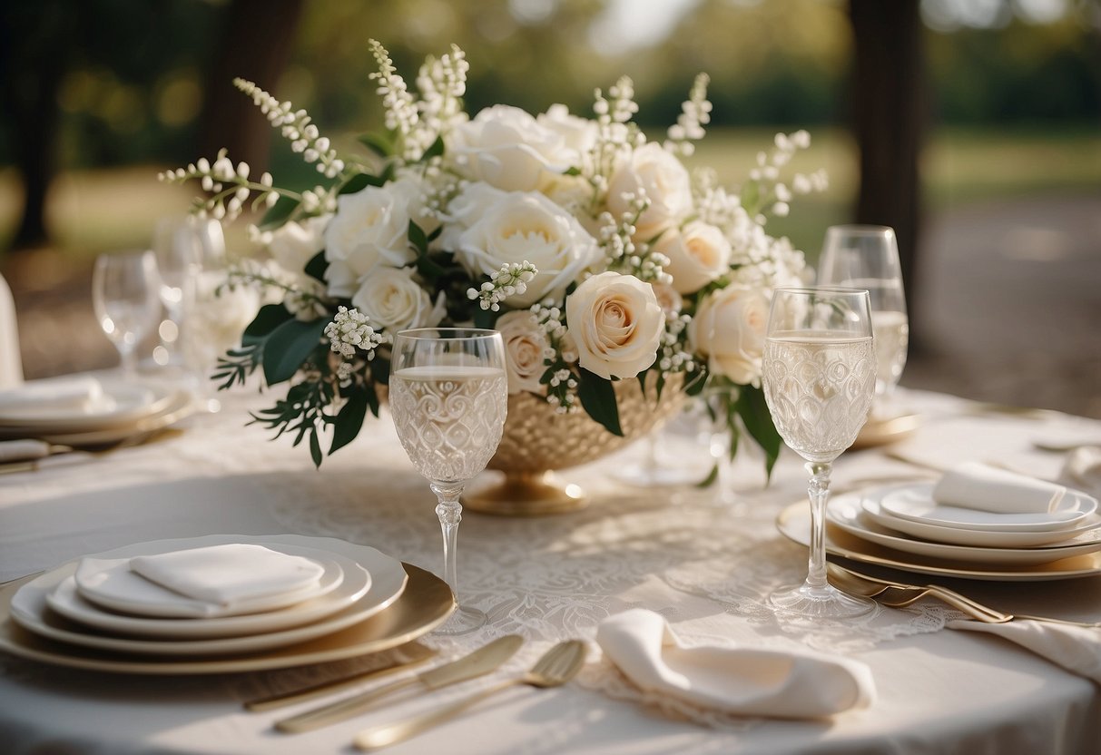 A serene wedding table with pearl and lace accents, featuring neutral colors and elegant details