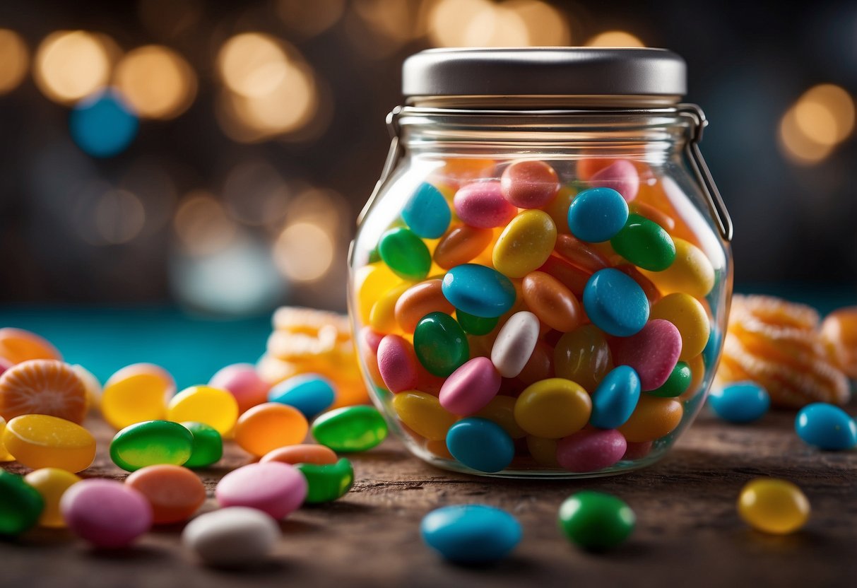 A clear glass jar filled with colorful candy, with bills of cash peeking out from between the sweets