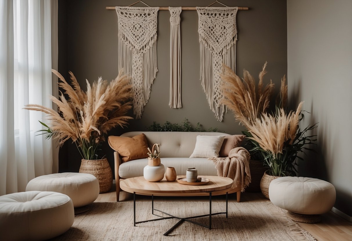 A minimalist living room with earthy tones, macrame wall hangings, and potted plants. A simple wedding altar adorned with dried flowers and neutral-colored textiles