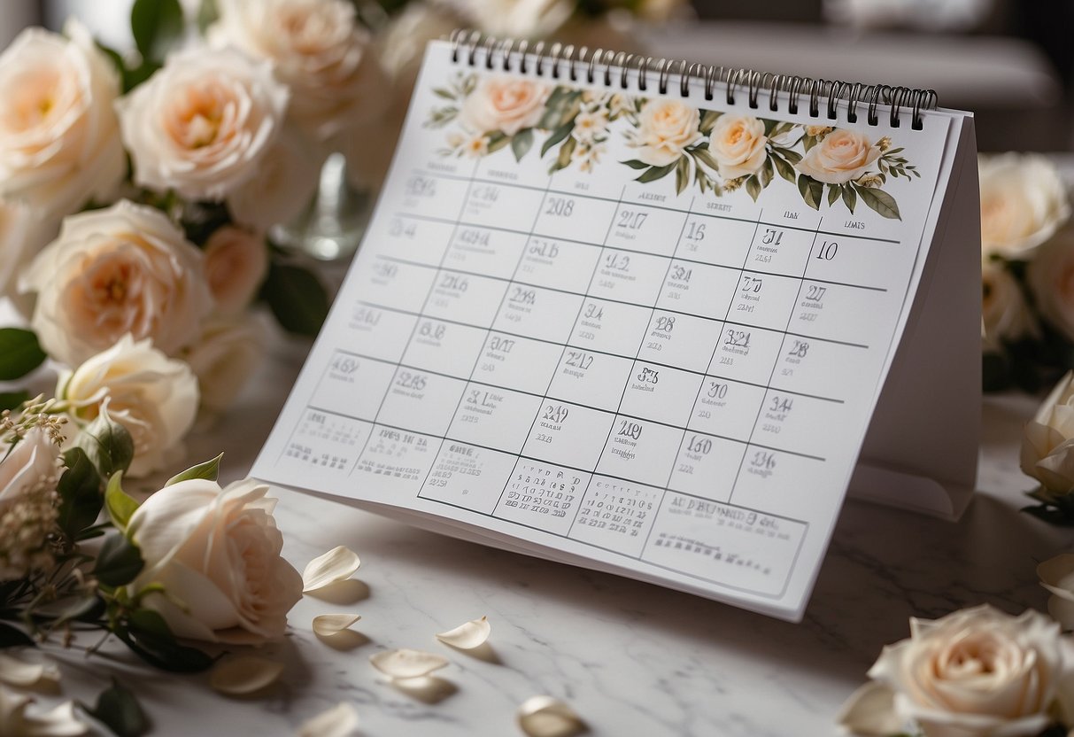 A calendar with wedding planning milestones marked, surrounded by swatches, flowers, and venue sketches