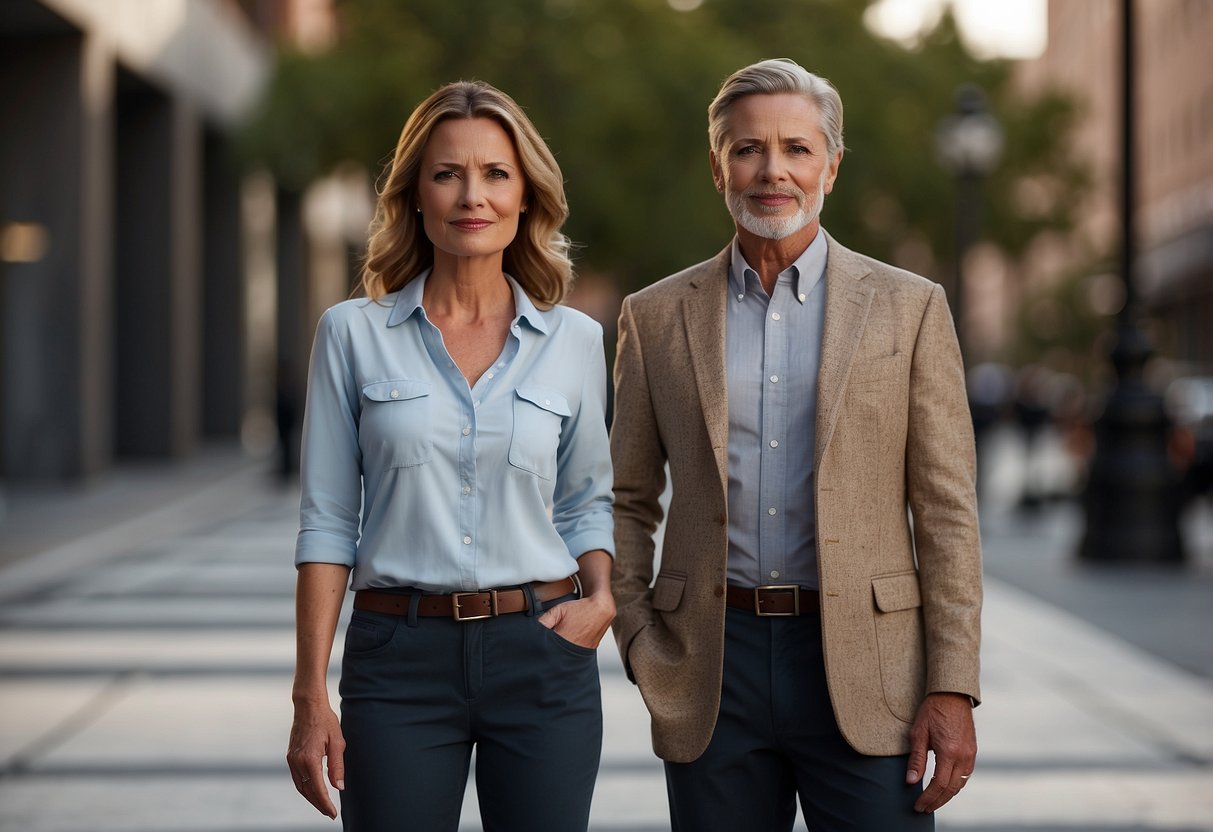 A man and woman stand side by side, the man slightly taller and with a few more wrinkles, indicating a moderate age difference