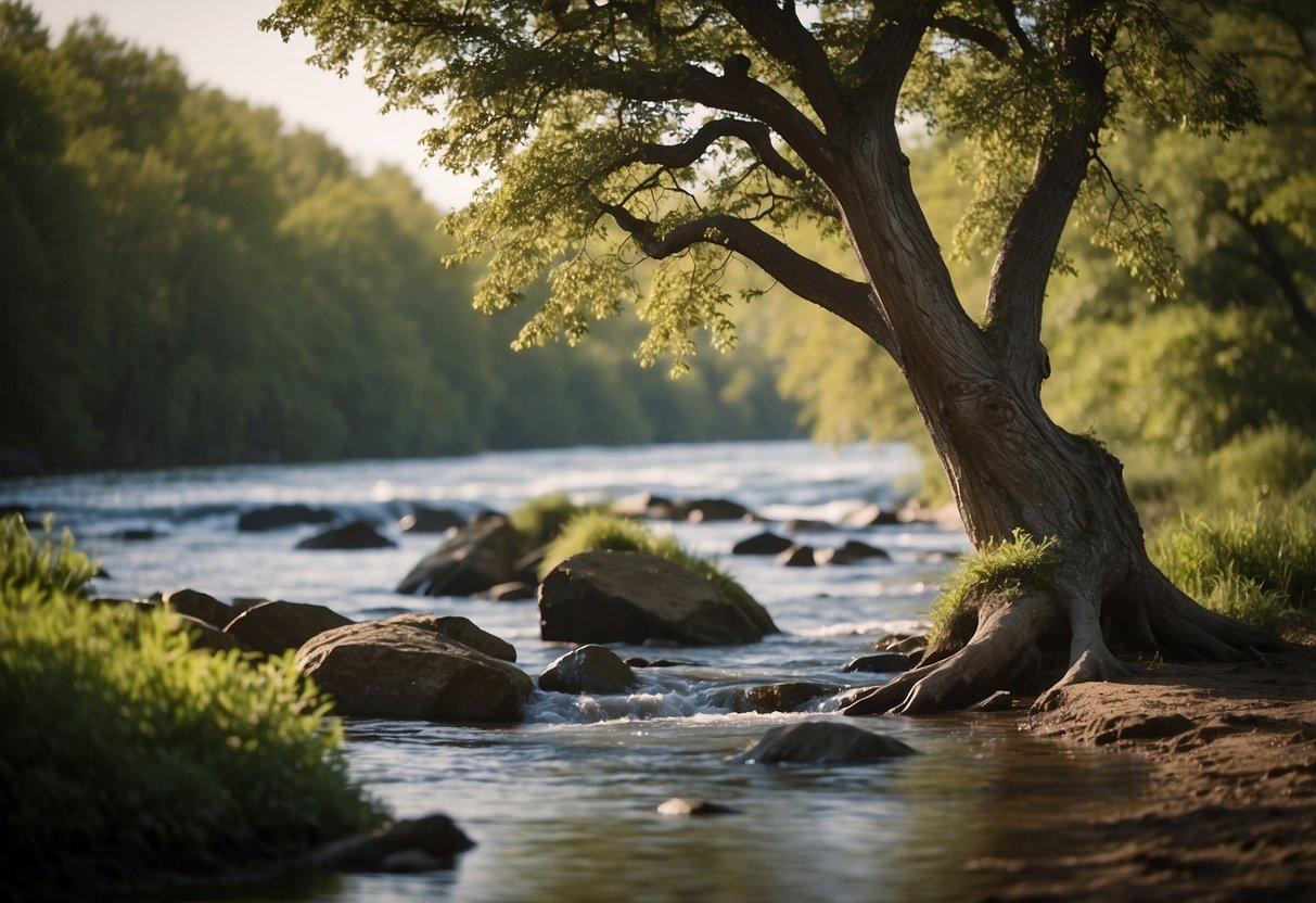 A sturdy oak tree stands beside a flowing river, symbolizing stability and maturity