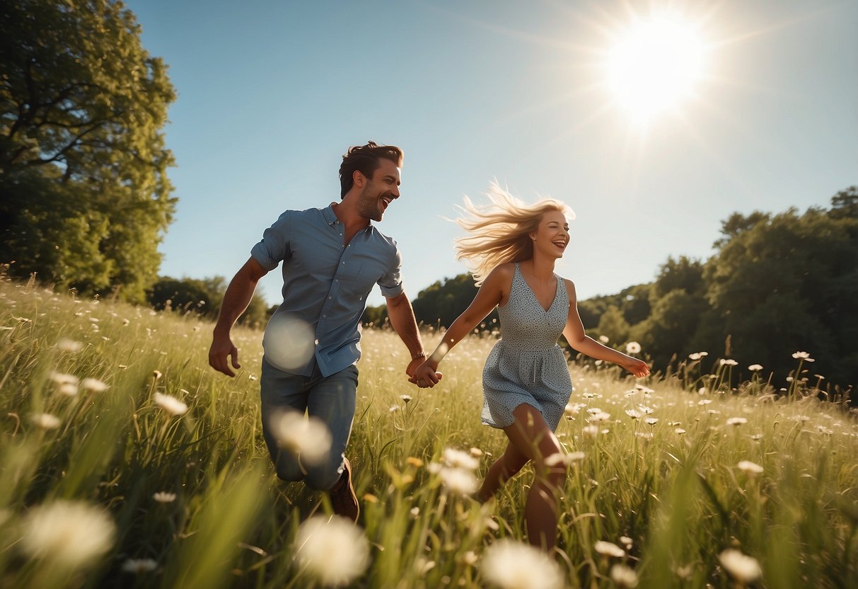 A young man and woman playfully chase each other through a sun-drenched meadow, their laughter filling the air