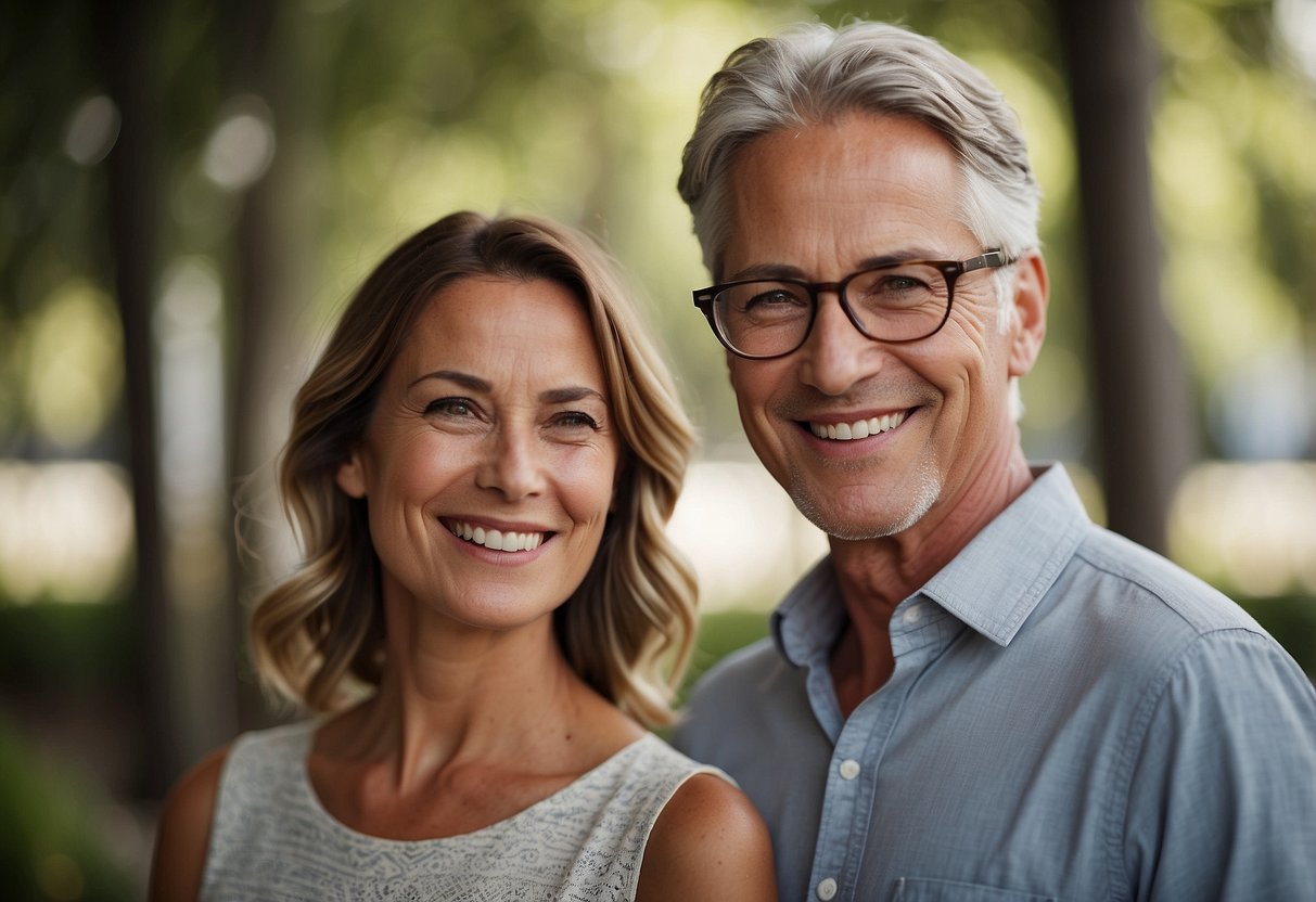 A man and woman stand side by side, representing an age gap in a family. They are smiling and looking forward, symbolizing the concept of family planning and the ideal age difference between husband and wife