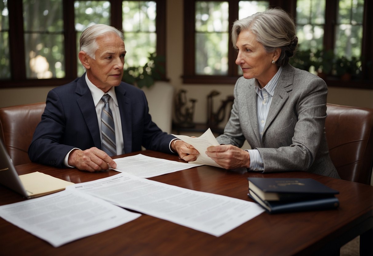 A husband and wife sit at a table with legal documents, discussing age differences and marriage laws