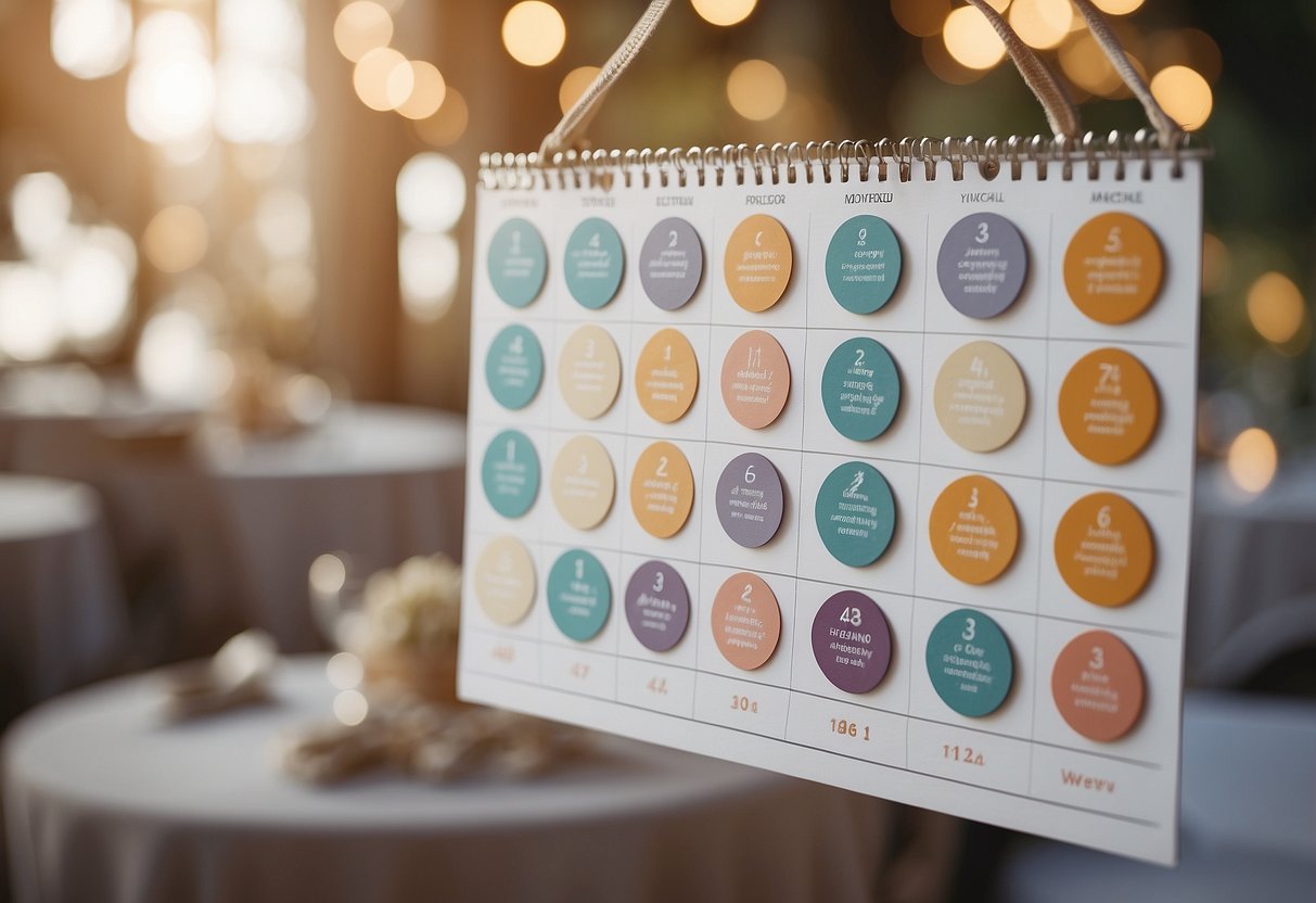 A calendar with wedding planning milestones marked in colorful circles and a timeline stretching from engagement to honeymoon