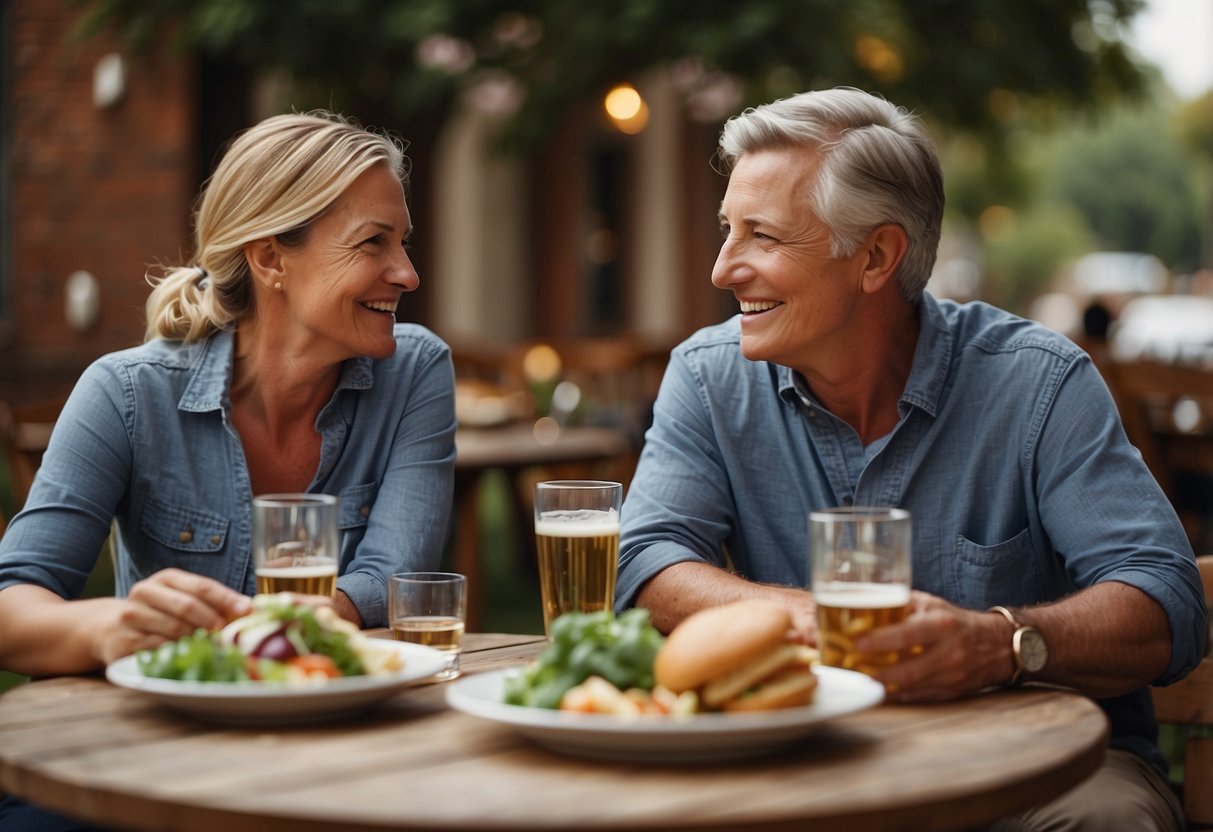 A couple sitting together, sharing a meal or engaging in a meaningful conversation, despite a noticeable age gap between them