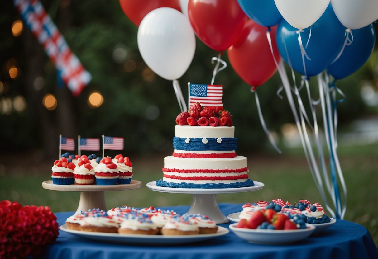 A festive outdoor wedding with red, white, and blue decor, including bunting, balloons, and a patriotic-themed cake