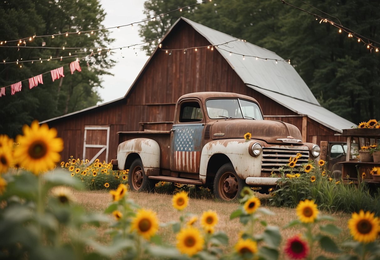 A rustic barn adorned with patriotic bunting, sunflowers, and twinkling lights. A vintage truck filled with wildflowers sits near the entrance