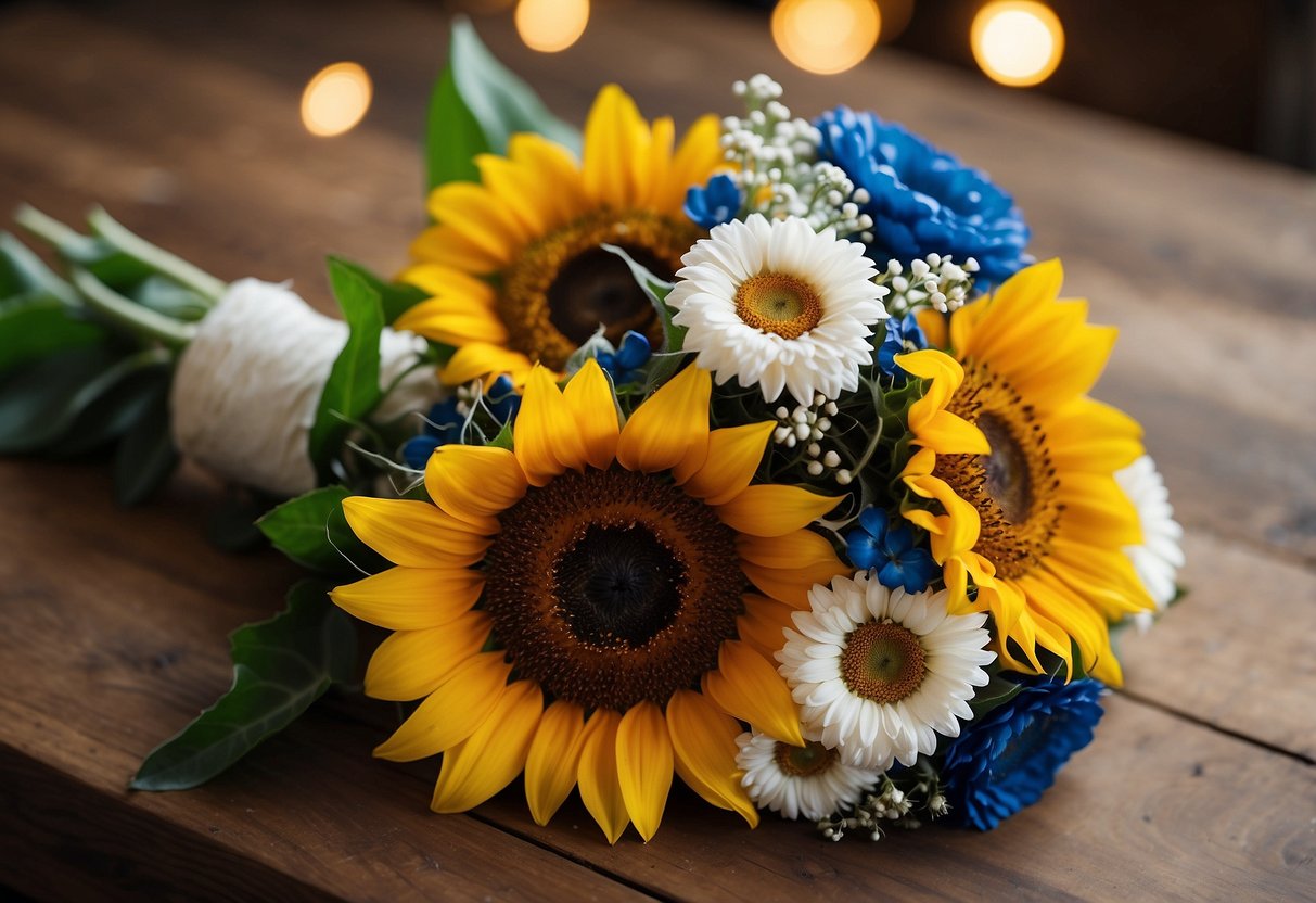 A bright sunflower bridal bouquet sits on a rustic wooden table, surrounded by red, white, and blue decorations. The sunflowers are arranged in a loose, natural style, with greenery and small pops of color from other flowers interspersed throughout