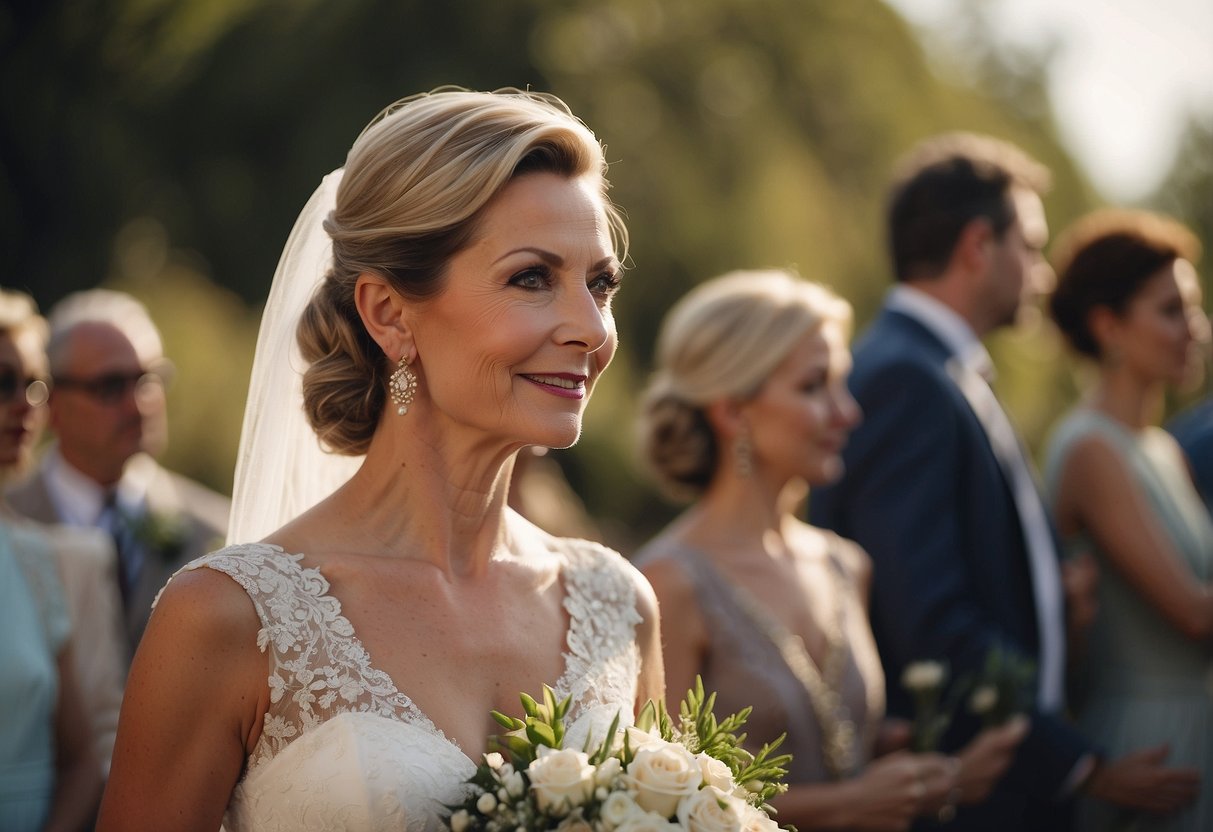 The mother of the bride should not stand in front of or draw attention away from the bride during the wedding ceremony