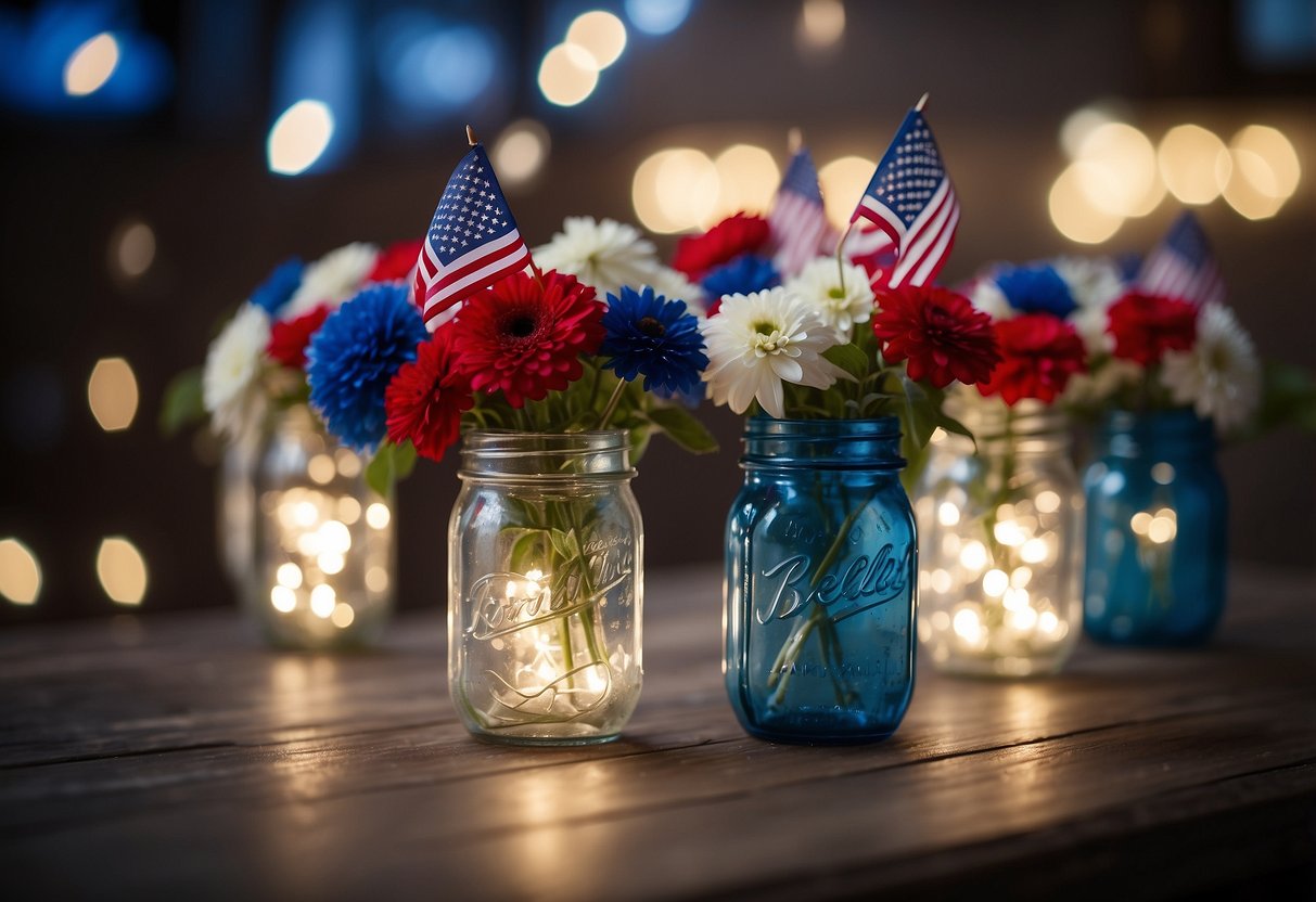 Mason jar centerpieces filled with red, white, and blue flowers, surrounded by miniature American flags and twinkling fairy lights