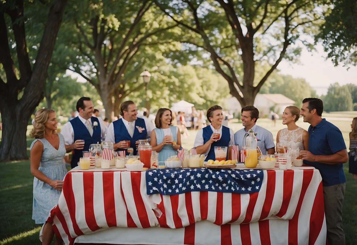 A festive lemonade stand with red, white, and blue decorations, surrounded by wedding guests enjoying refreshing drinks on the 4th of July