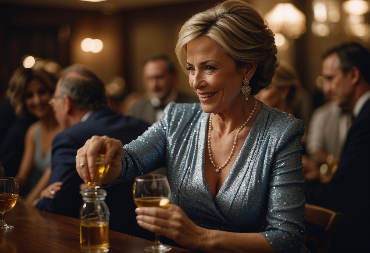 The mother of the bride pours out a bottle of alcohol, signaling restraint from excessive drinking