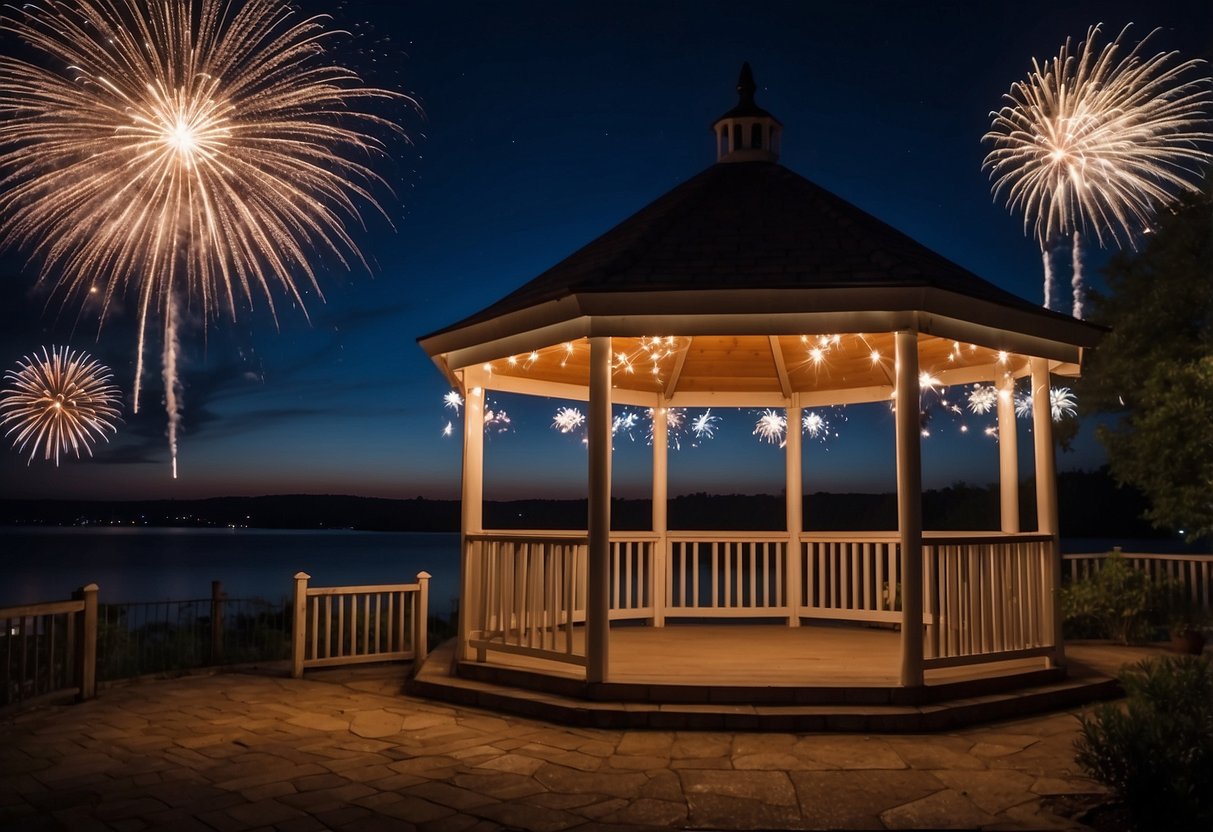 A picturesque outdoor setting with red, white, and blue decorations. A gazebo adorned with twinkling lights and a backdrop of fireworks in the night sky