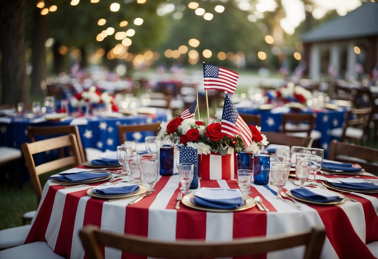 A festive wedding scene with red, white, and blue decorations, including flags, bunting, and stars. Tables adorned with patriotic centerpieces and guests dressed in patriotic colors