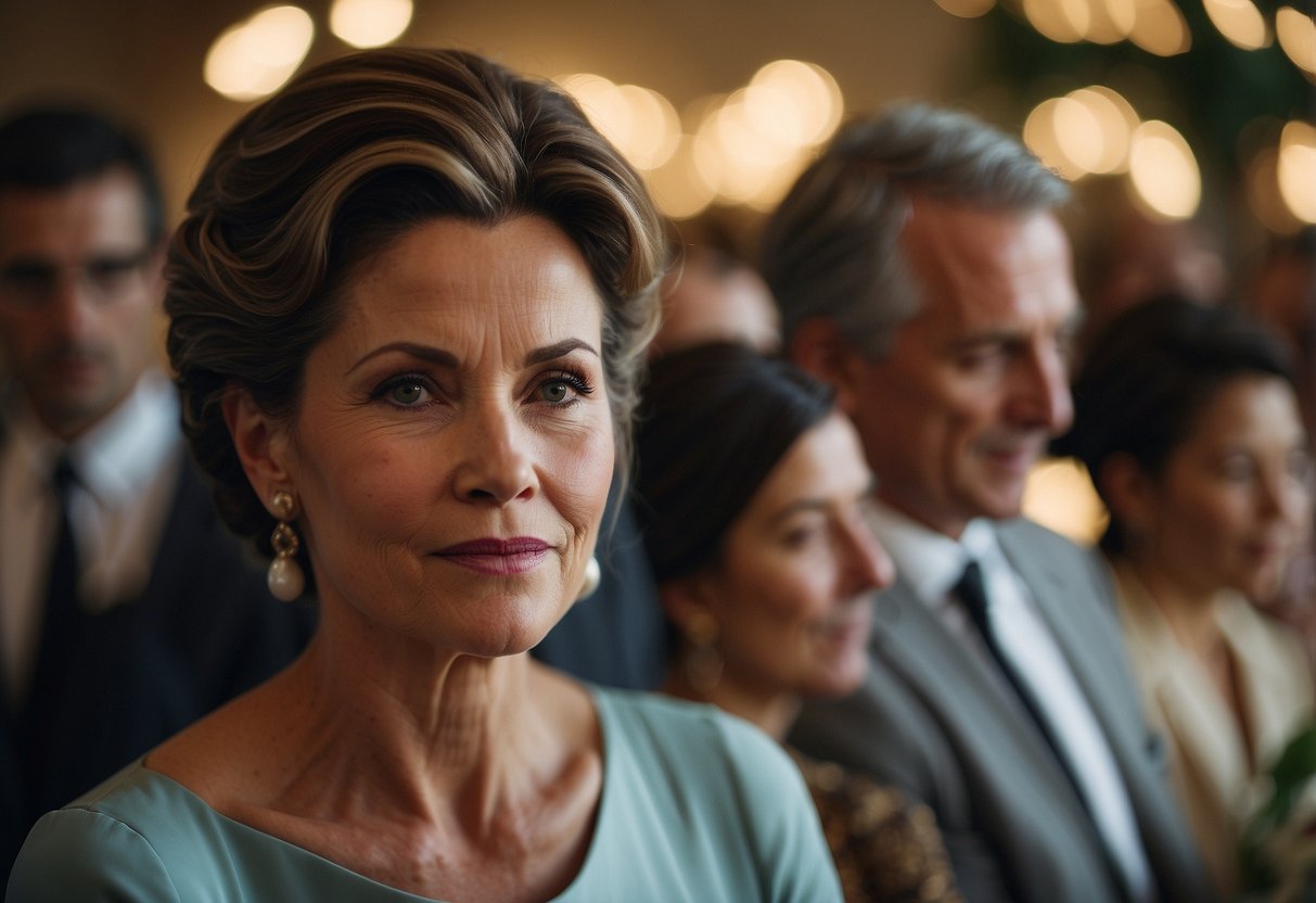 A mother of the bride listens quietly, avoiding gossip at a family gathering