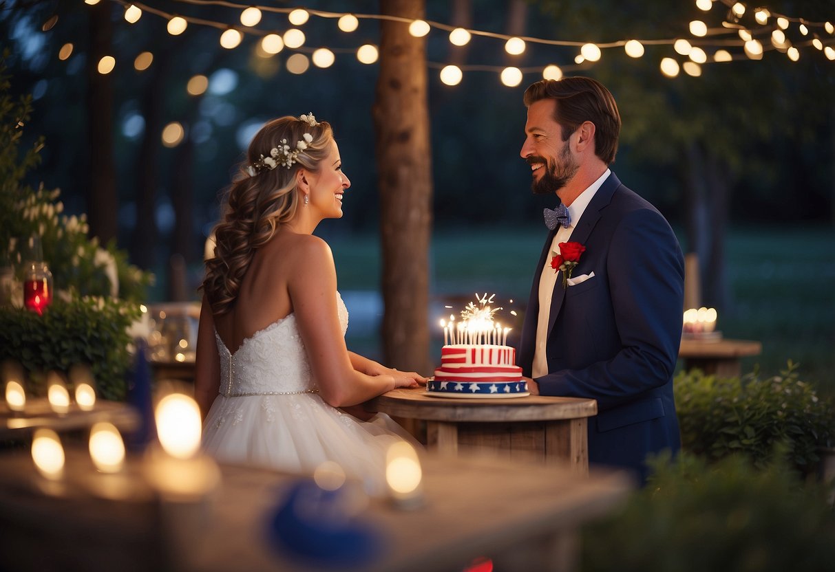 A festive 4th of July wedding scene with patriotic decorations, fireworks in the night sky, and a beautiful outdoor setting for a memorable photo opportunity