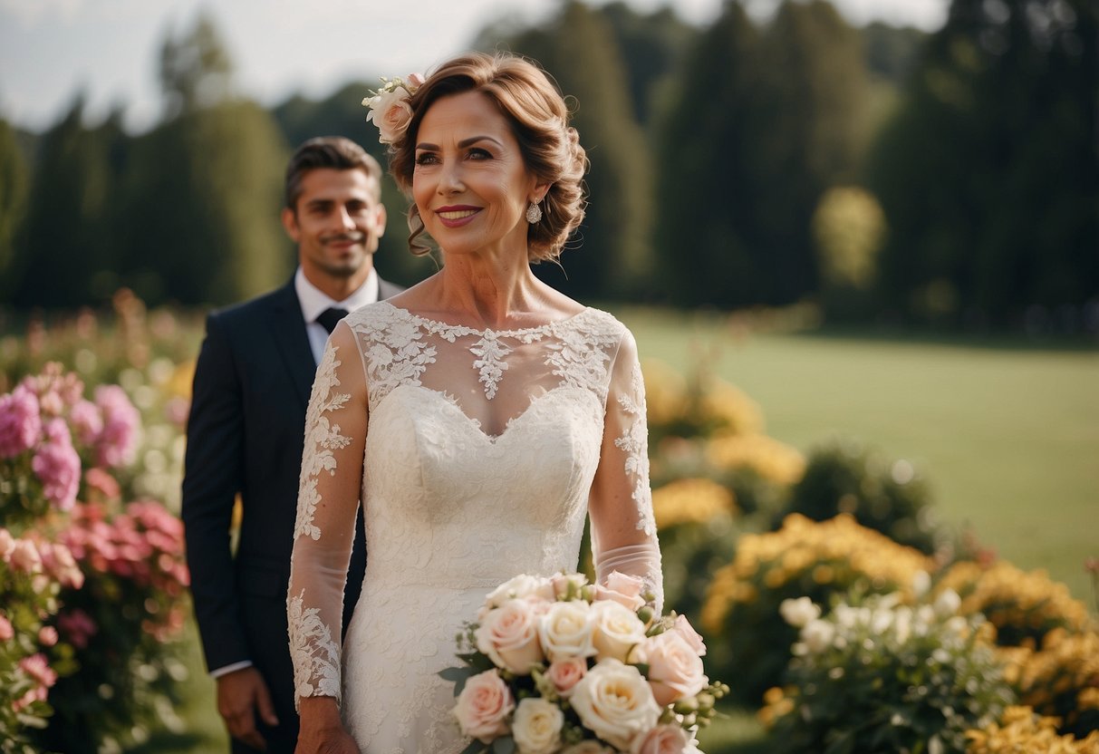 The groom's mother stands beside the bride, not overshadowing her