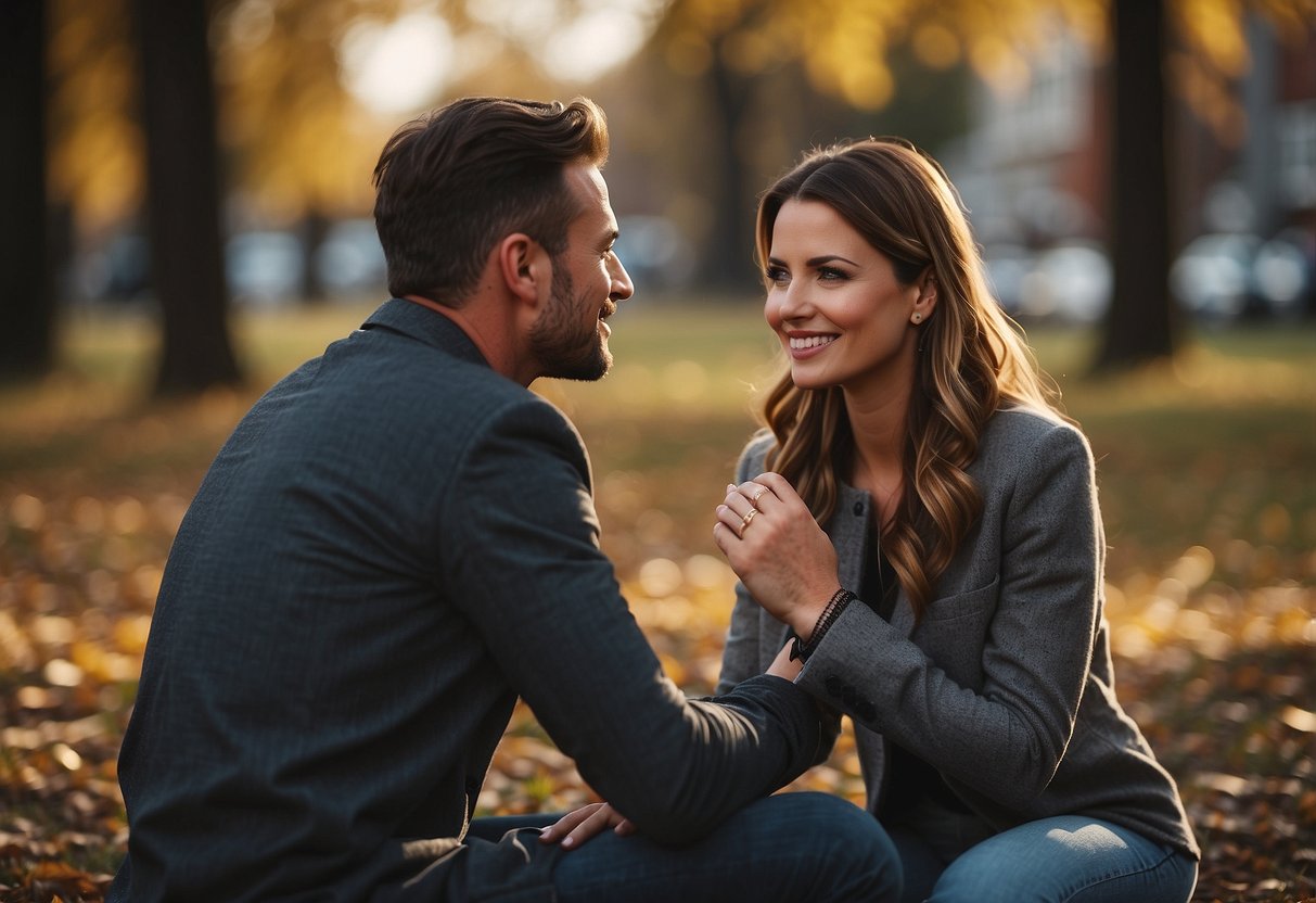 A man kneeling with a ring in hand, looking into a woman's eyes