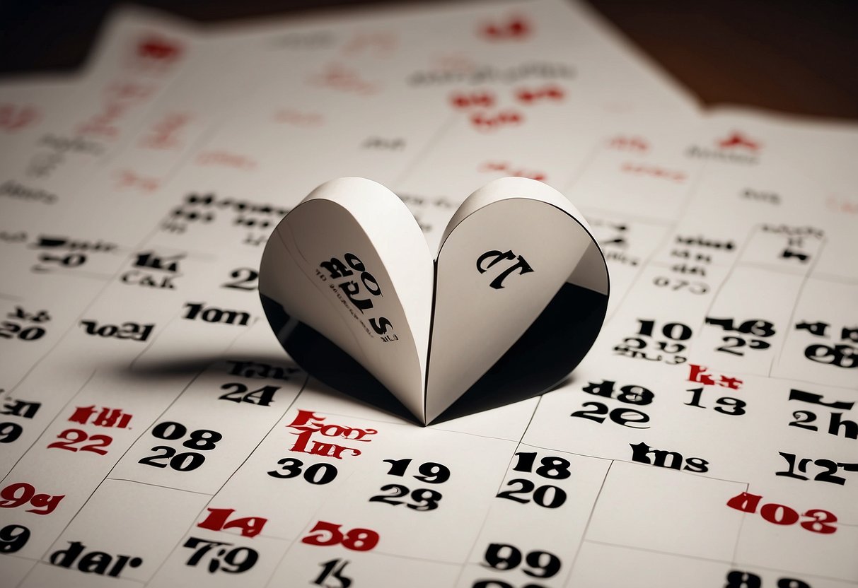 The calendar flips to year 2, a broken heart symbolizes divorce