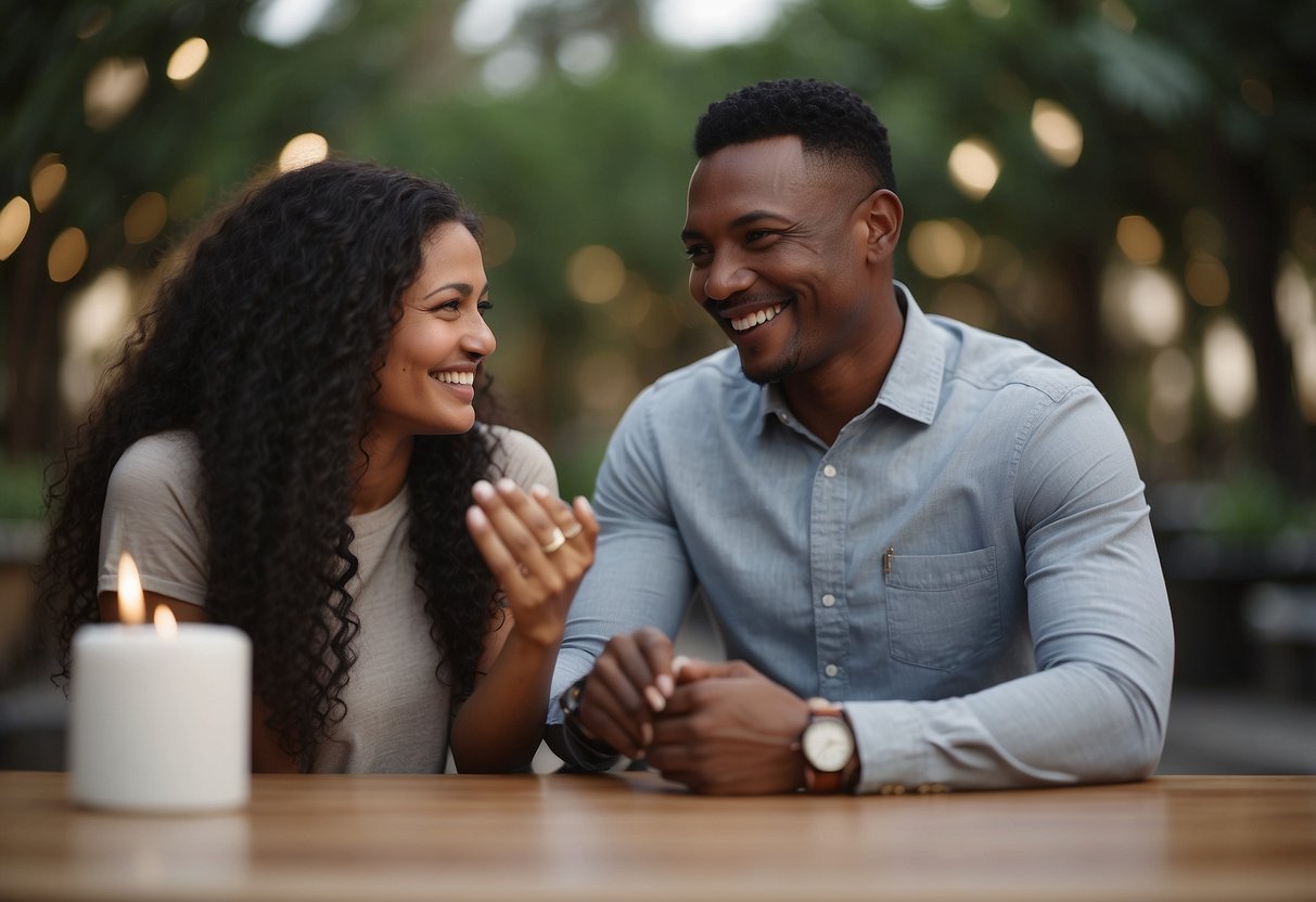 A man holds a ring, smiles, and listens intently to a woman speaking about her dreams and goals