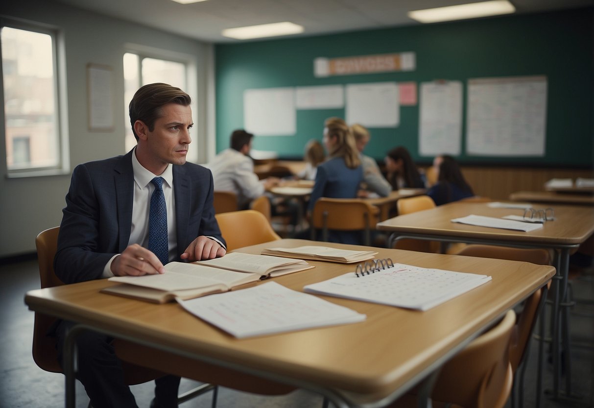 Tense conversations in a classroom, with a calendar showing "Year 7" and a question mark next to "most divorces."