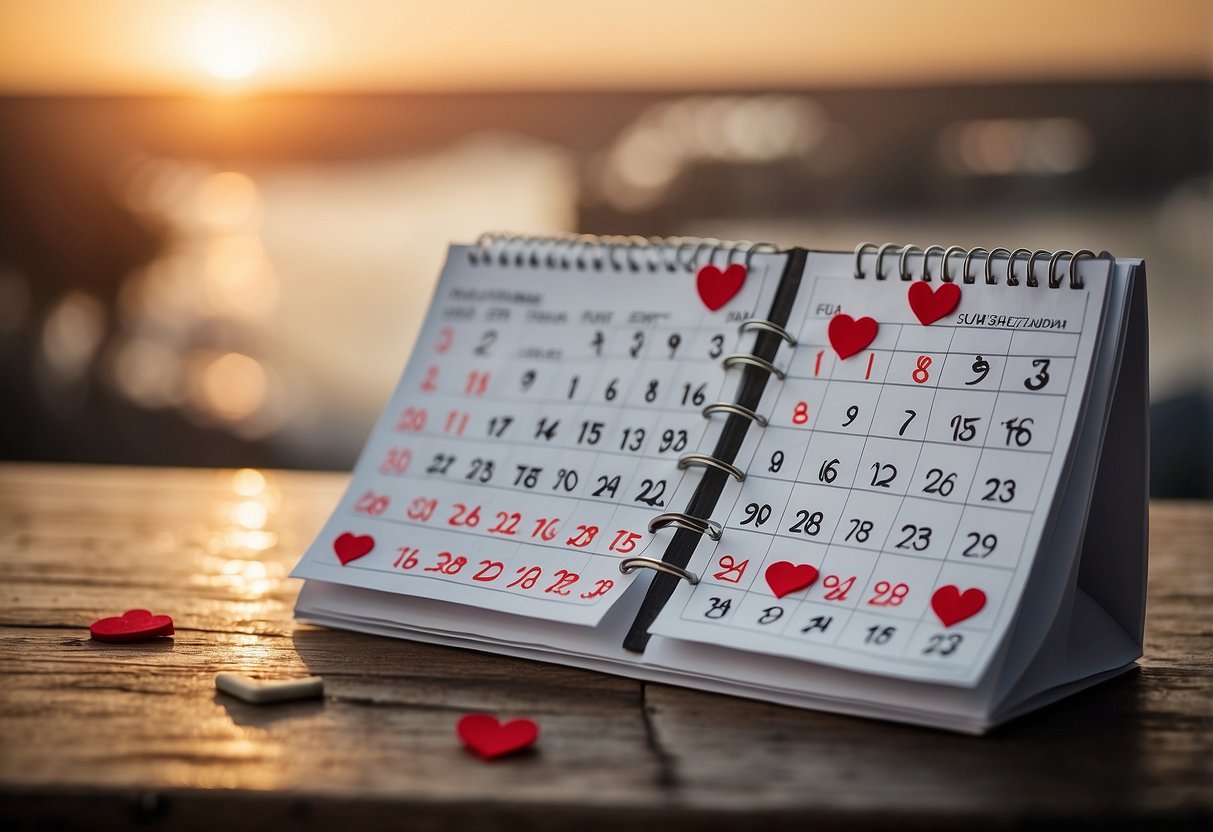 A calendar with years 11-12 highlighted, surrounded by broken heart symbols and question marks, representing the mid-life crises and potential divorce for most couples