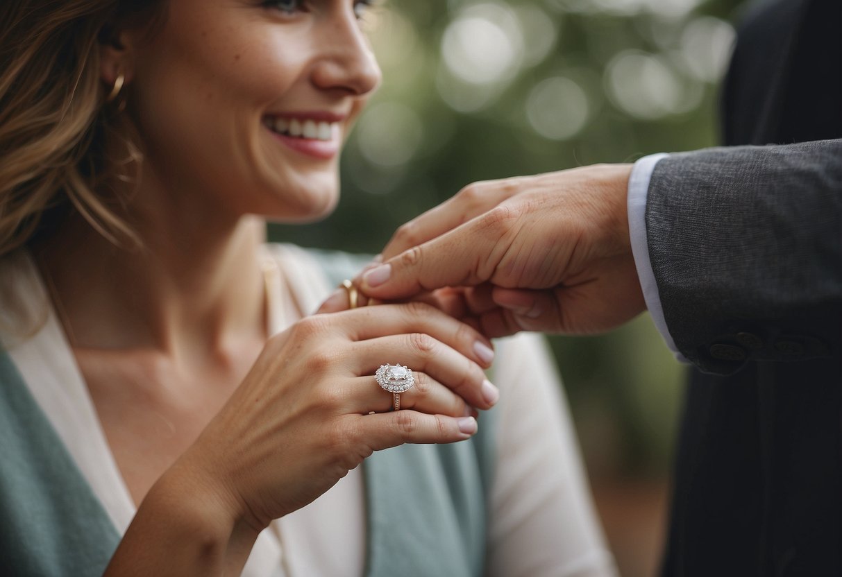 A man's hand placing a ring on a woman's finger, with a thoughtful expression on his face and a smile on hers