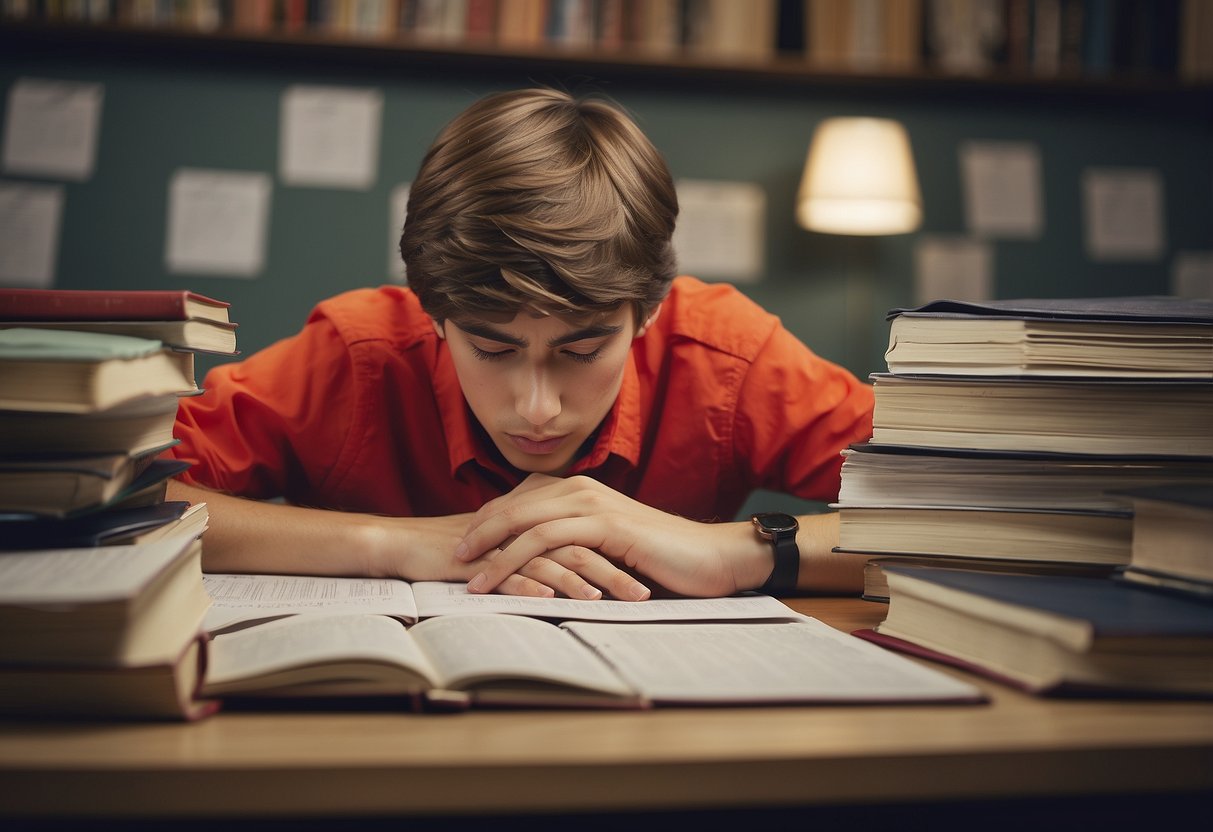 Teenager slumped over desk, surrounded by textbooks and papers. Calendar with "divorce" circled in red. Tense atmosphere, heavy sighs