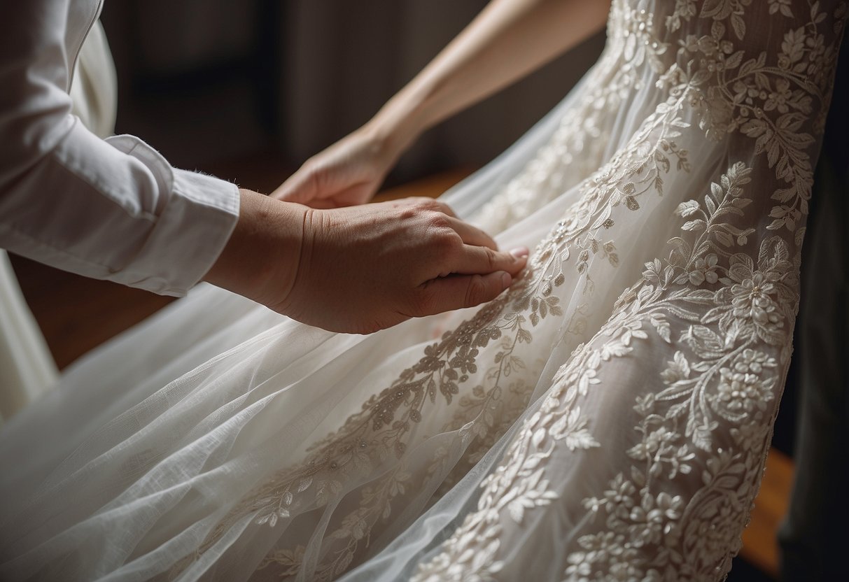 A wedding dress being carefully placed into a breathable garment bag, with delicate lace and beading visible through the transparent material