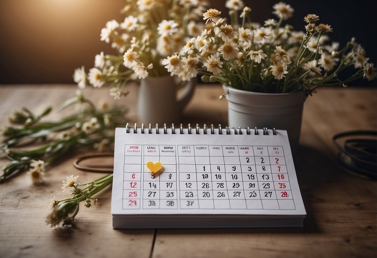 A calendar with a big "25" circled, surrounded by wilted flowers and a broken heart symbol