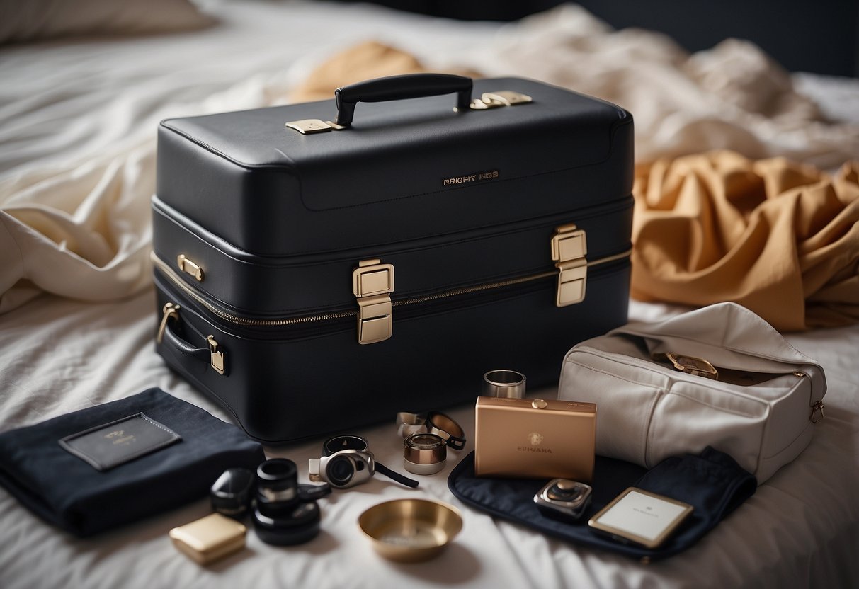 A portable steamer sits on a bed, surrounded by neatly folded wedding attire and accessories, ready to be packed into a suitcase