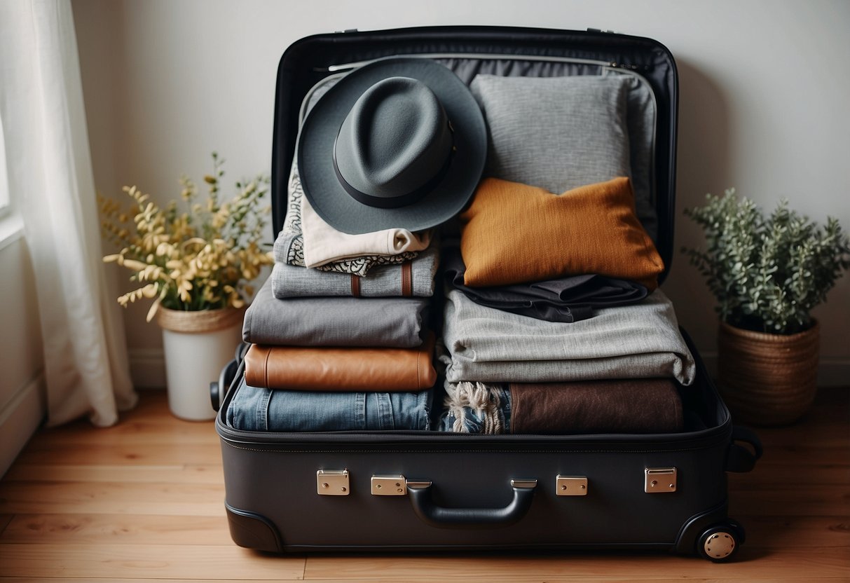 A neatly organized suitcase with a pair of comfy flats placed on top, surrounded by neatly folded clothes and wedding essentials