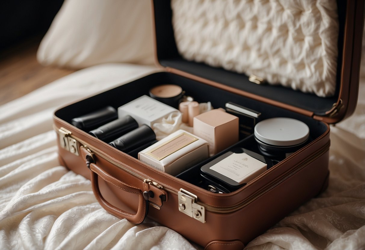 A suitcase open, filled with travel-sized beauty products neatly arranged. A wedding dress and veil peeking out from the side, ready to be packed