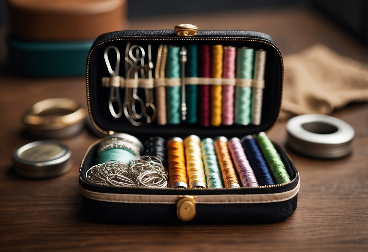 A compact sewing kit sits neatly packed with wedding essentials, including needles, thread, and scissors, ready for any last-minute wardrobe malfunctions