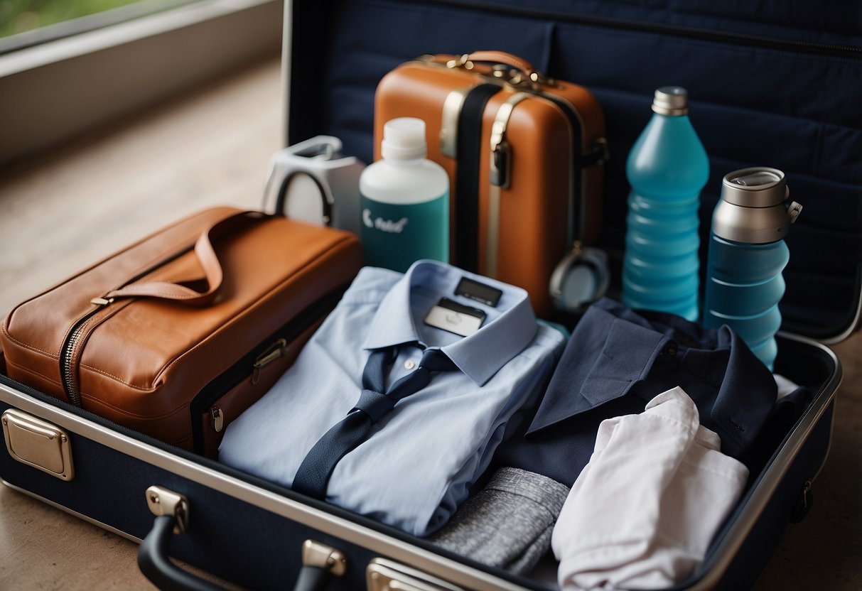 A table with a suitcase open, filled with neatly folded clothes and a reusable water bottle placed on top. A checklist of wedding packing tips is visible next to the suitcase