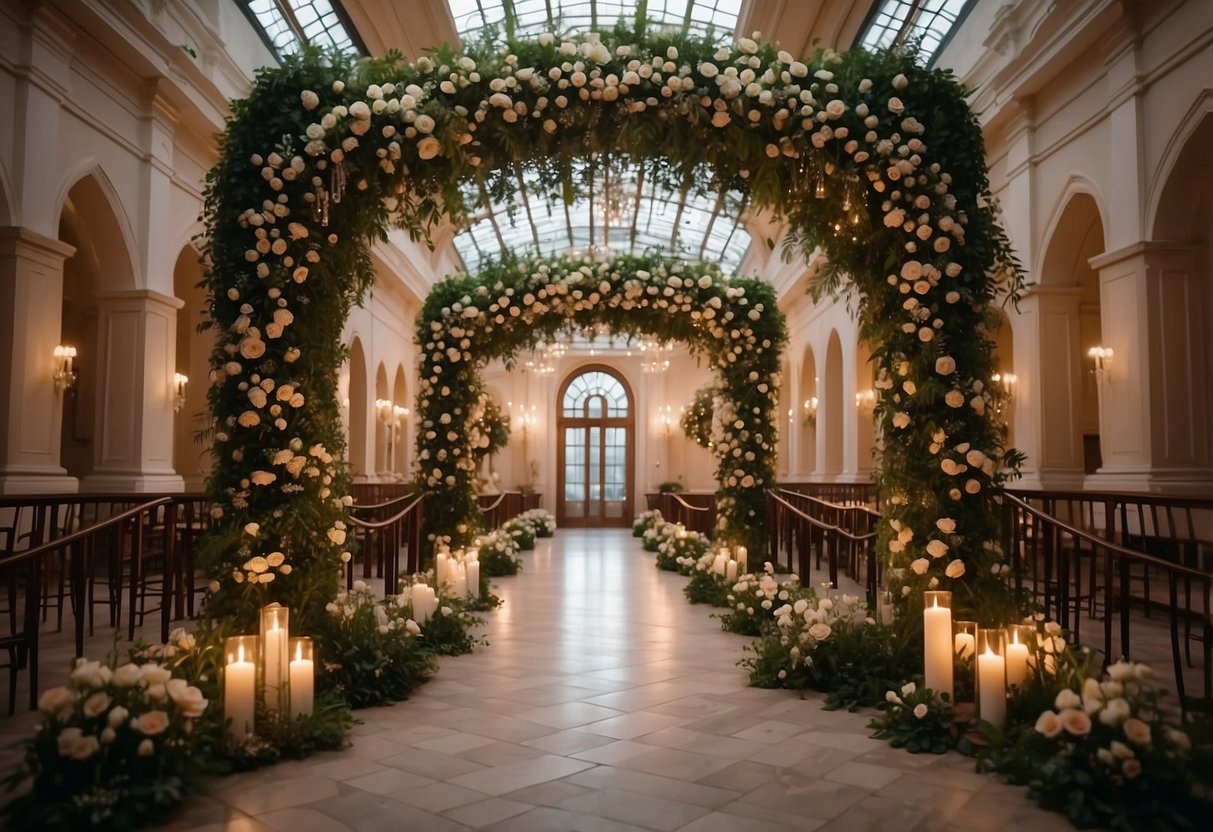 A grand archway adorned with flowers and flowing drapery, surrounded by twinkling lights and lush greenery. A vintage chandelier hangs from the center, casting a warm glow over the romantic setting