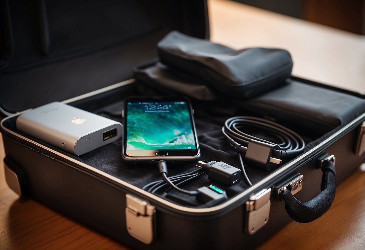 A phone charger connected to a power bank sits neatly packed in a suitcase, ready for a wedding trip