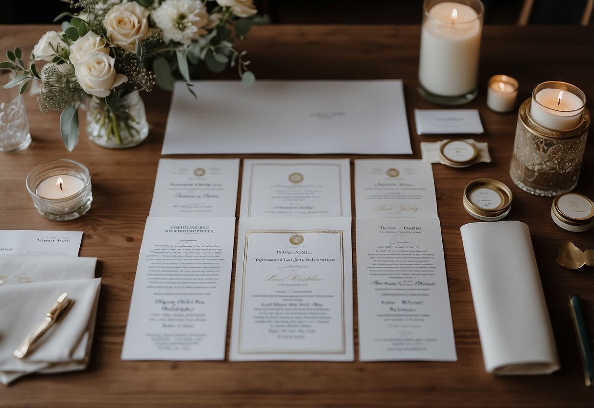 A table with wedding documents, certificates, and packing tips spread out for organization and preparation